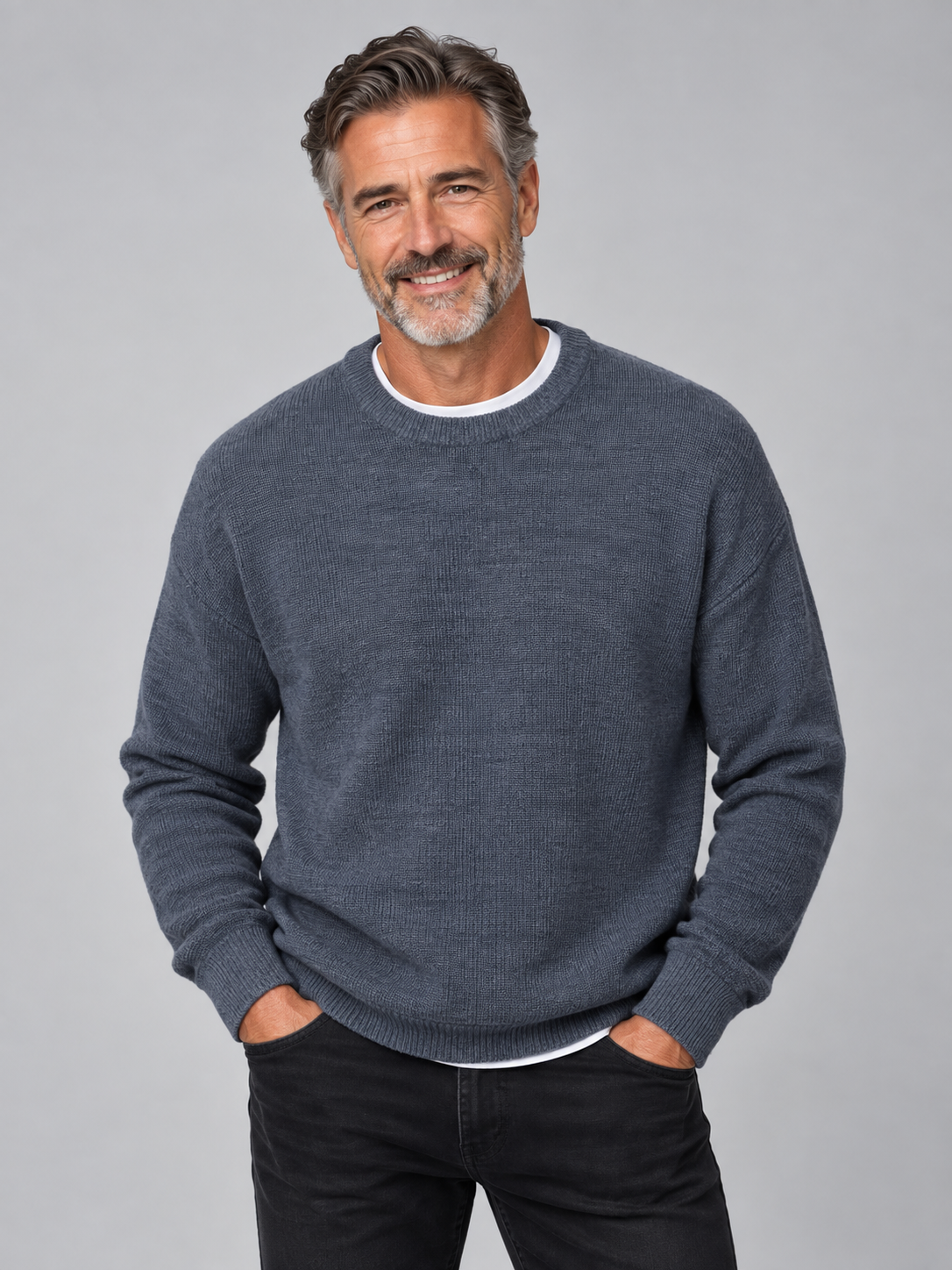 Mens Pure Wool Fisherman Rib Knit Jumper - Frost Grey