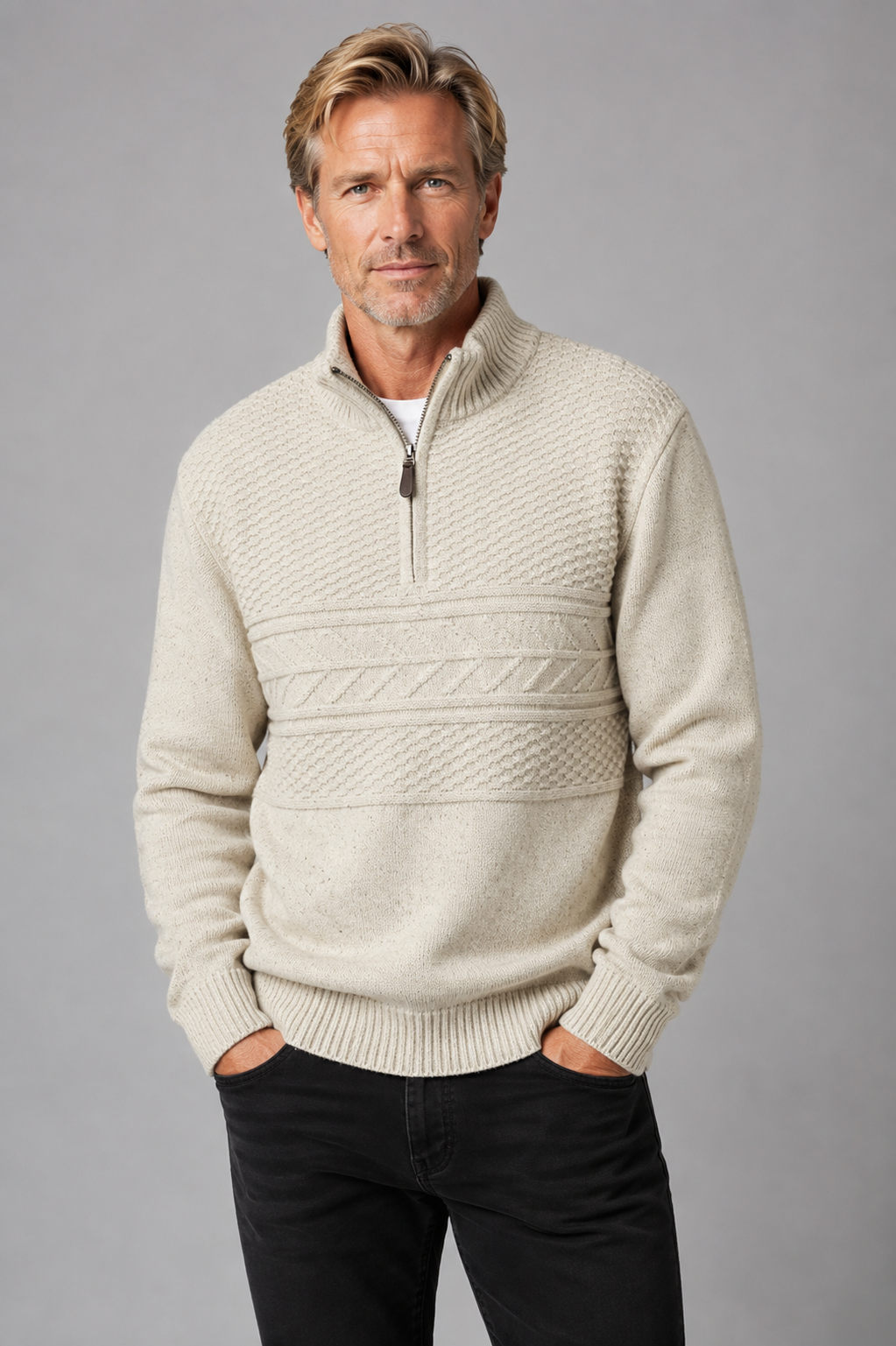 Mens Ansett Pure Wool Quarter Zip Jumper - Snow
