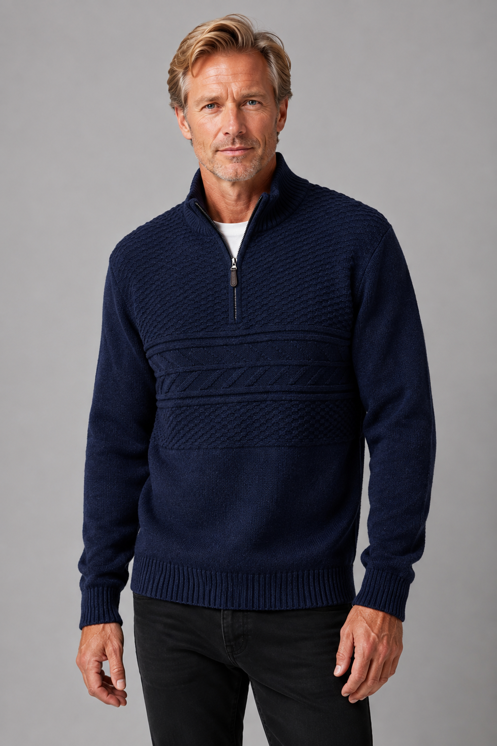 Mens Ansett Pure Wool Quarter Zip Jumper - Marine Blue