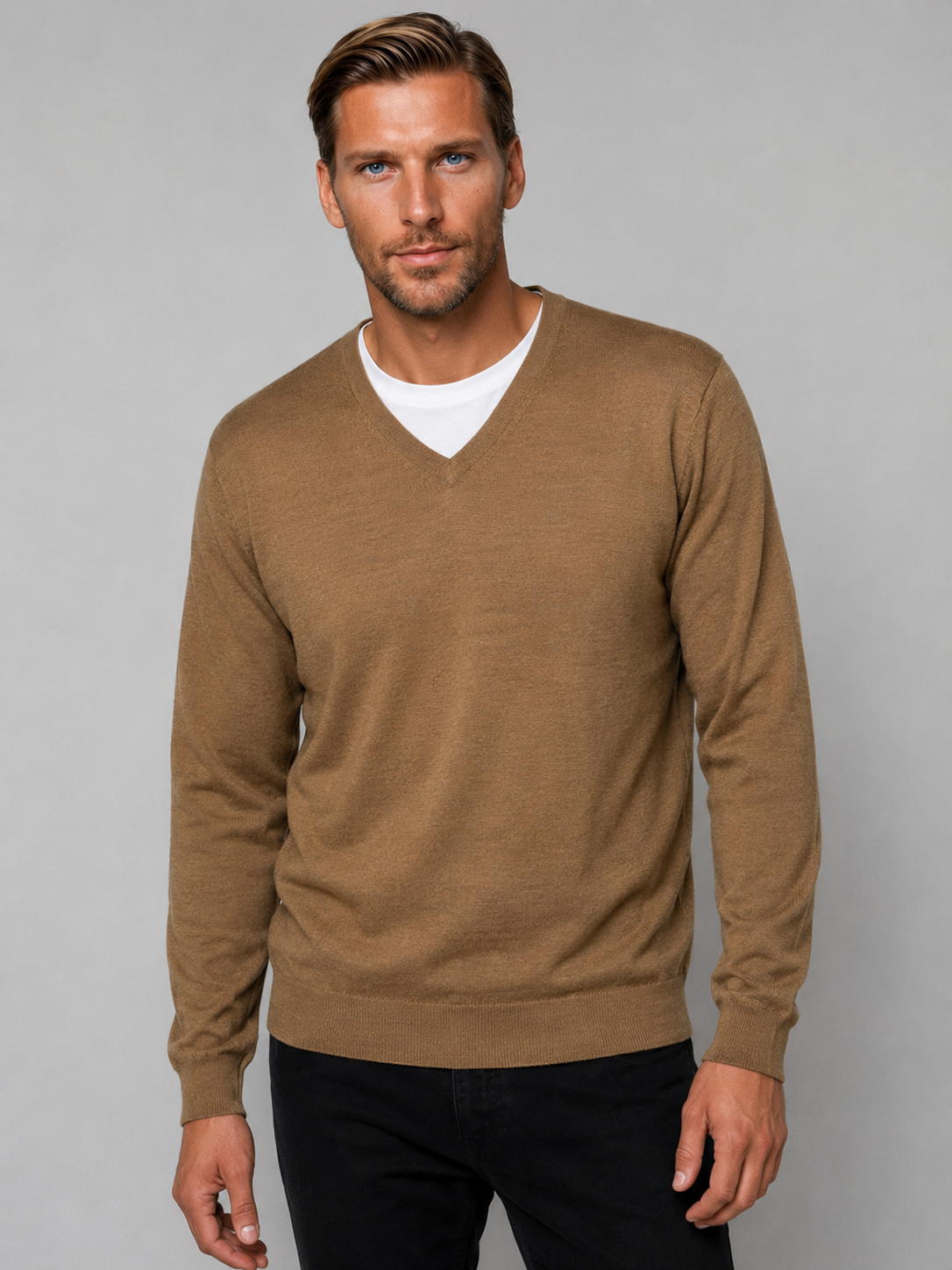 Ansett Mens Fine Weight Merino Wool V Neck Jumper - Praline