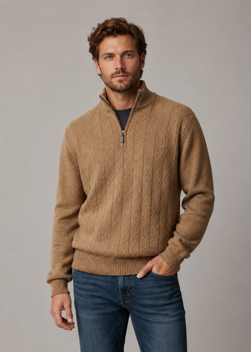 Ansett Men's Pure Wool Half Zip Jumper - Almond