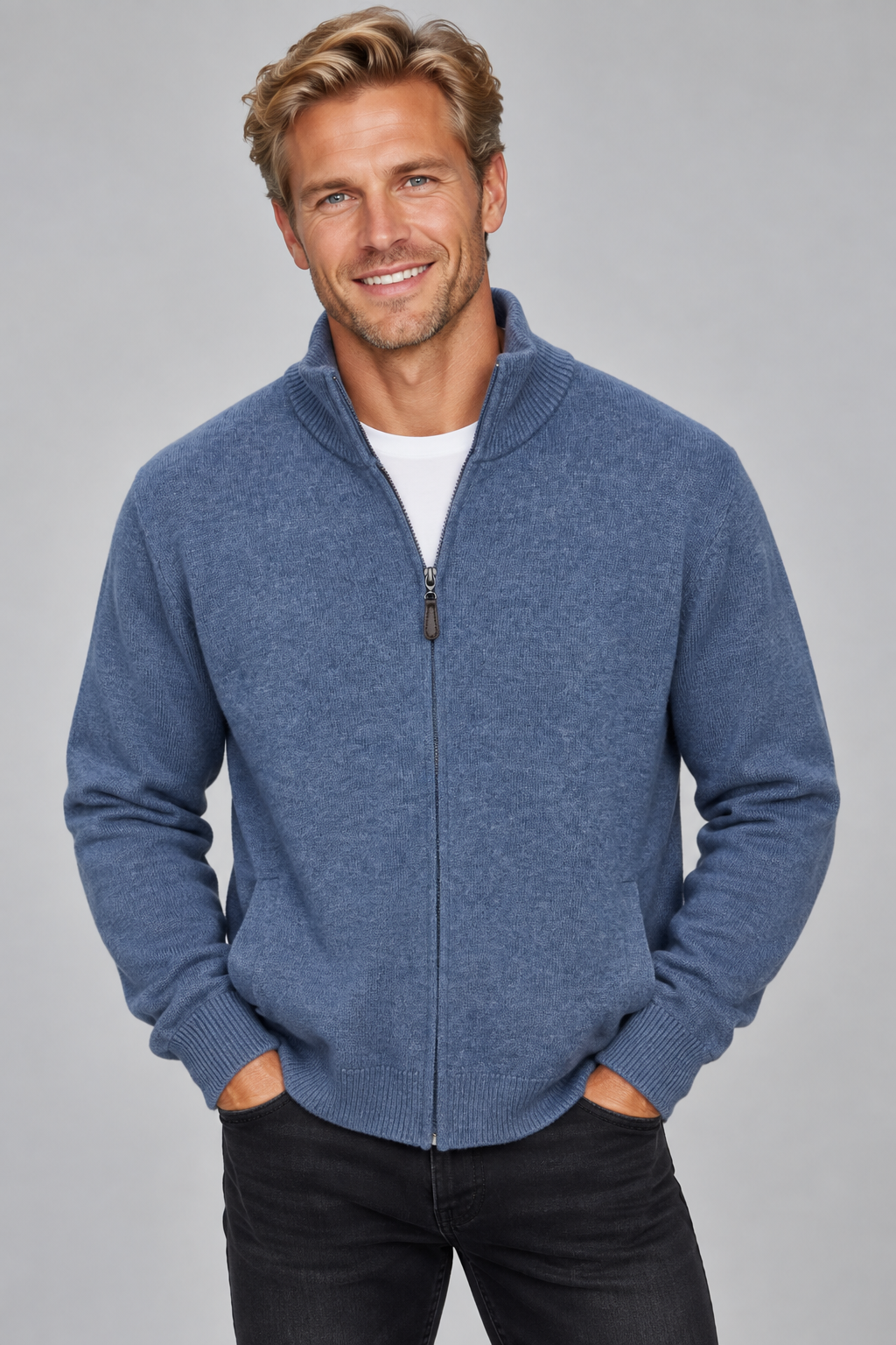 Ansett Full Zip Cashmere Merino Wool Jacket - Jersey Light Blue