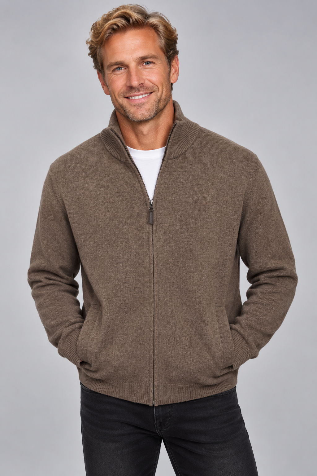 Ansett Men's Cashmere Merino Wool Full Zip Jacket - Nutmeg Brown