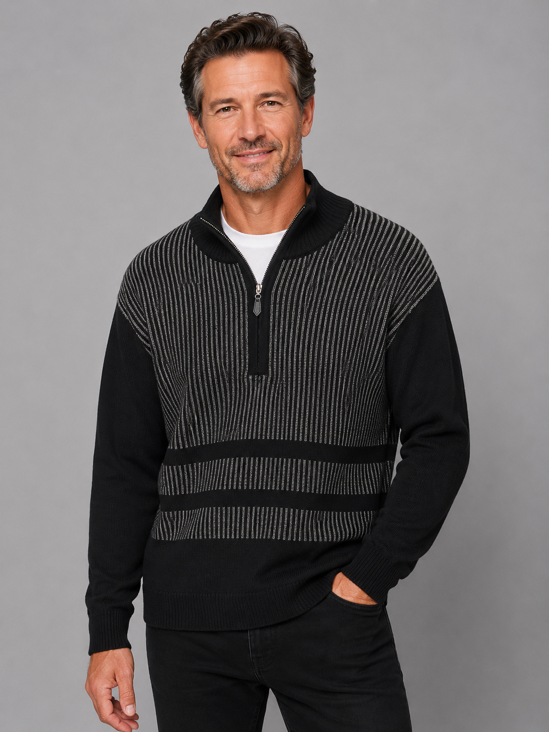 Mens Ansett Pure Wool Quarter Zip Jumper - Black
