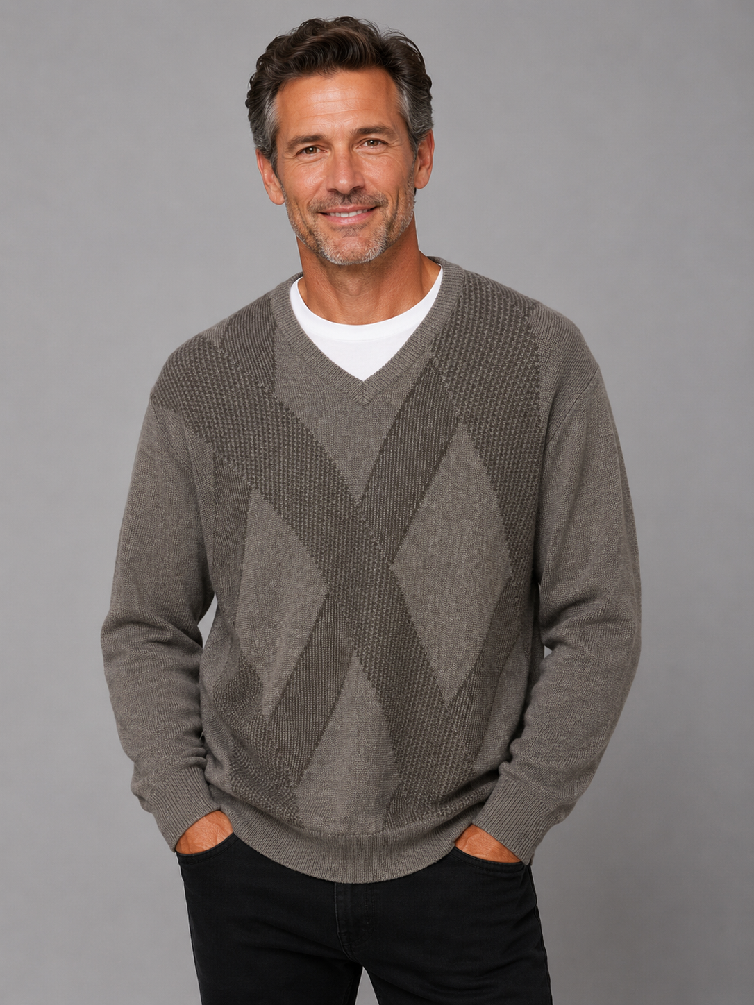Pure Wool Ansett Patterned V Neck Jumper - Sable