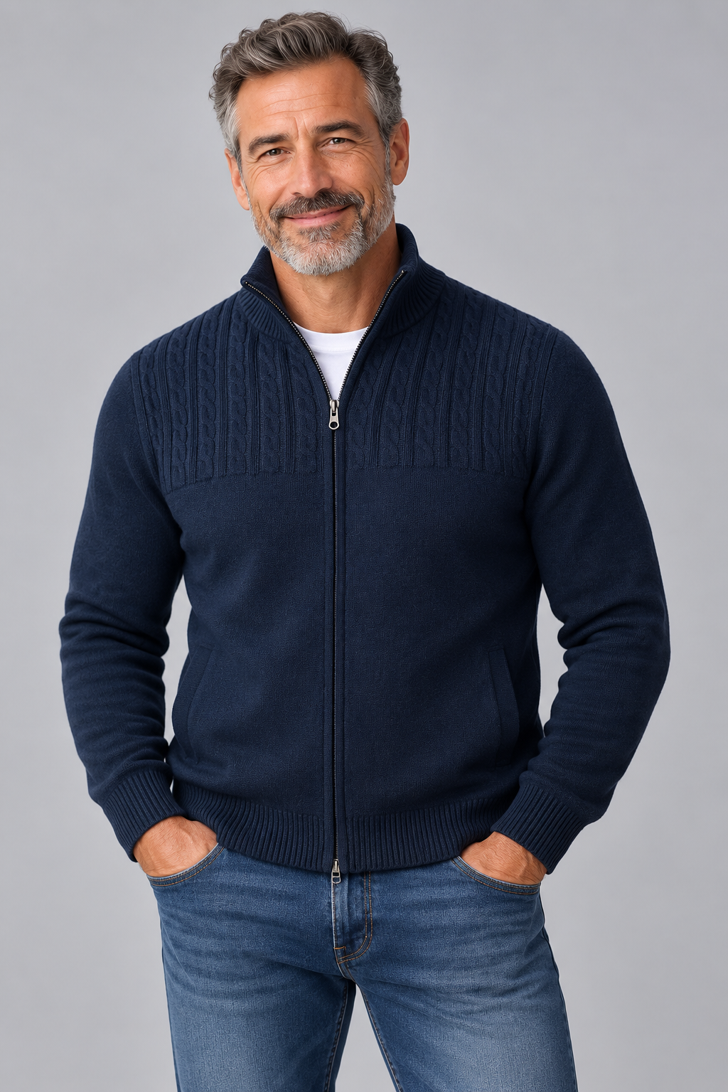 Ansett Denim Blue Full Zip Cashmere Merino Wool Jacket