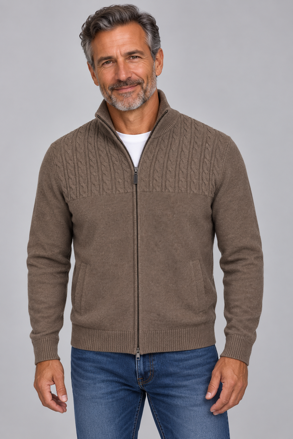Ansett Nutmeg Brown Full Zip Cashmere Merino Wool Jacket
