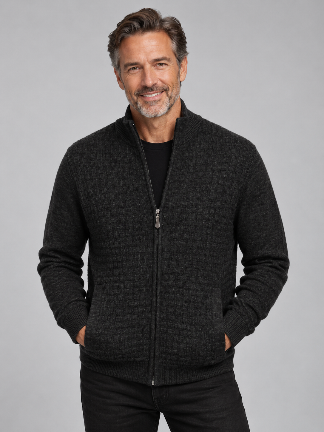 Fine Merino Wool Textured Zip Cardigan - Charcoal Grey