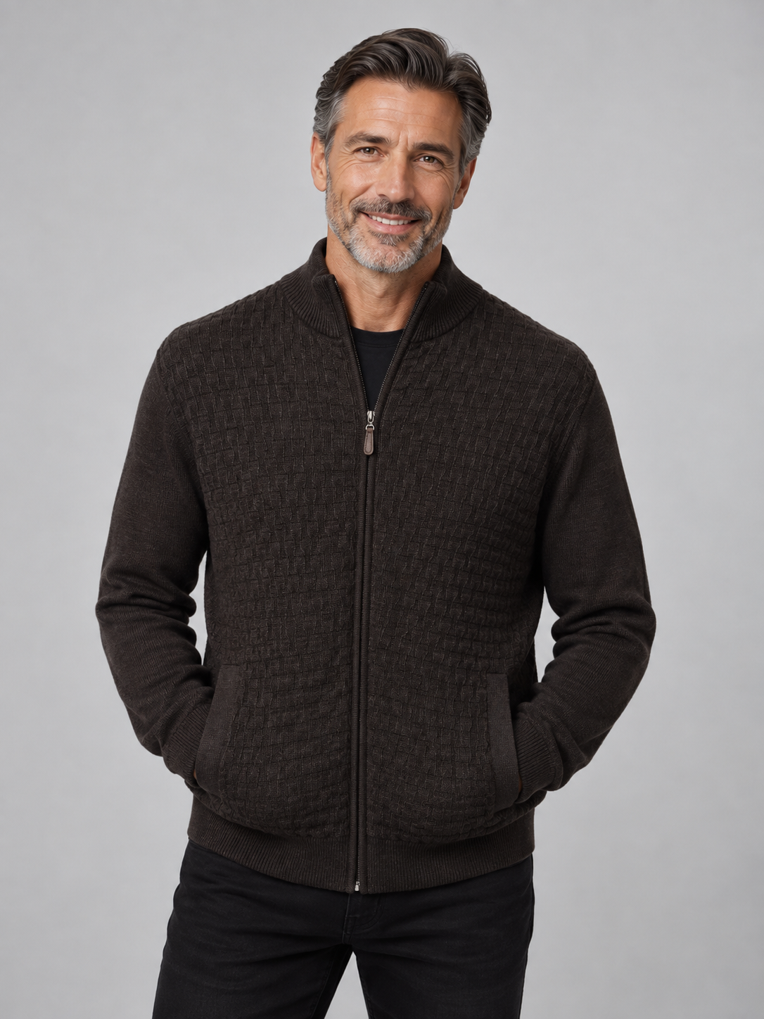 Fine Merino Wool Textured Zip Cardigan - Coffee Brown