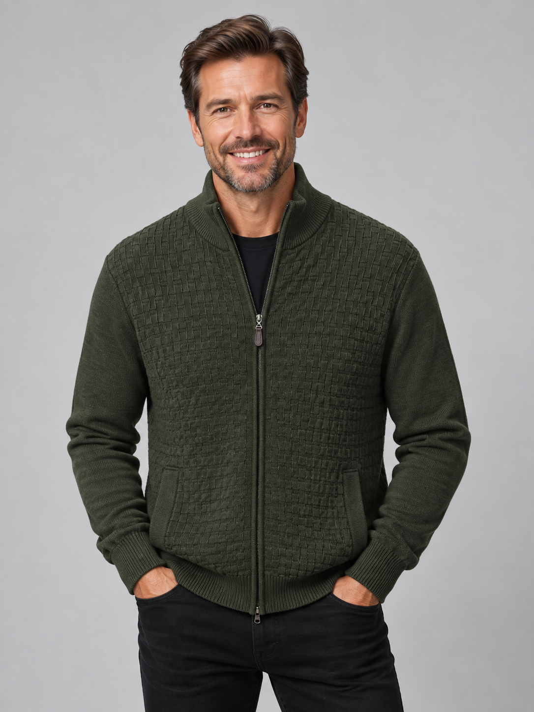 Fine Merino Wool Textured Zip Cardigan - Olive Green