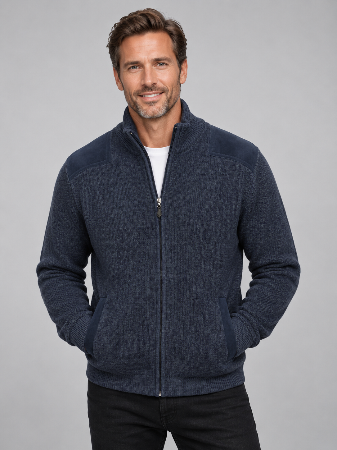 Ansett Wool Slate Blue Zip Jacket With Slate Elbow And Shoulder Patches