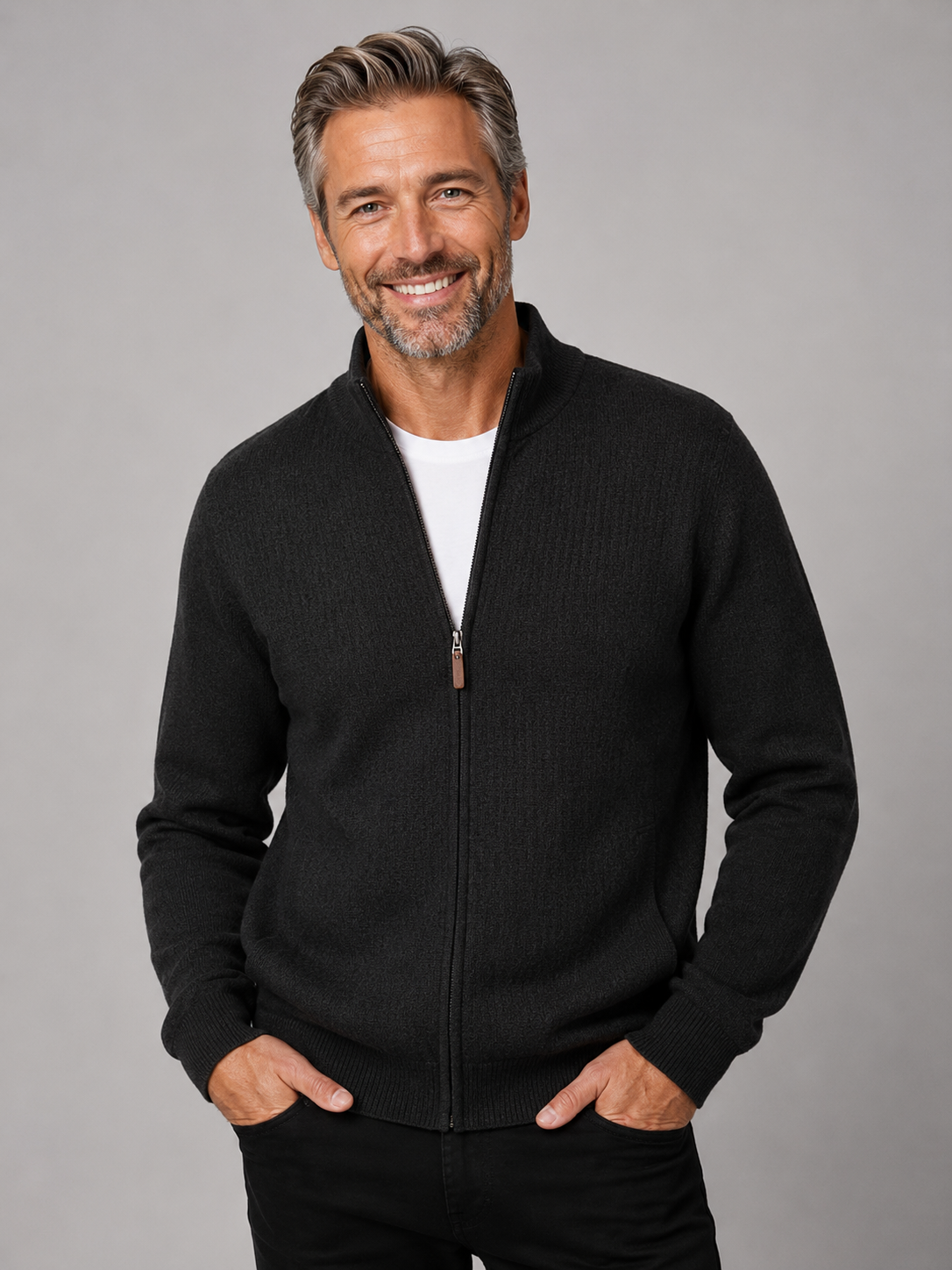 Fine Merino Wool Textured Zip Cardigan - Charcoal Grey