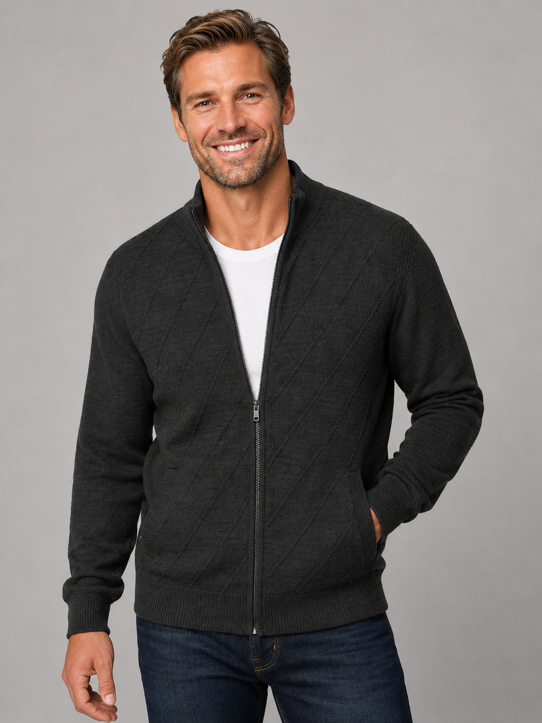 Charcoal Grey Patterned Pure Wool Ansett Full Zip Jacket