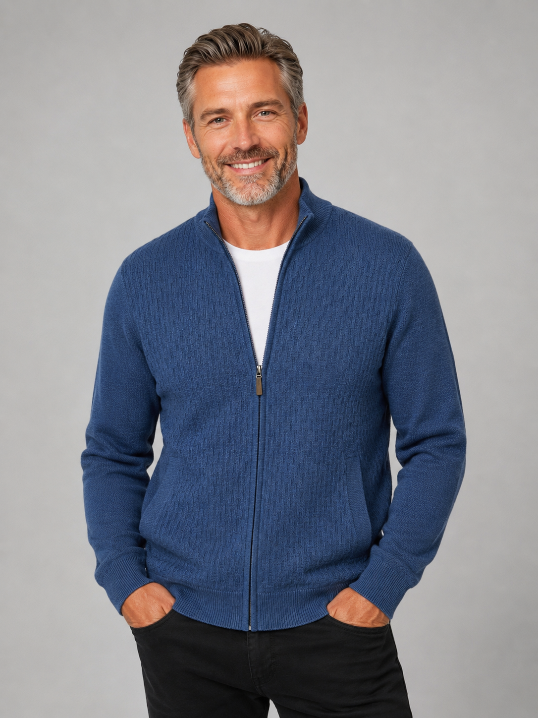 Fine Merino Wool Textured Zip Cardigan - Light Blue