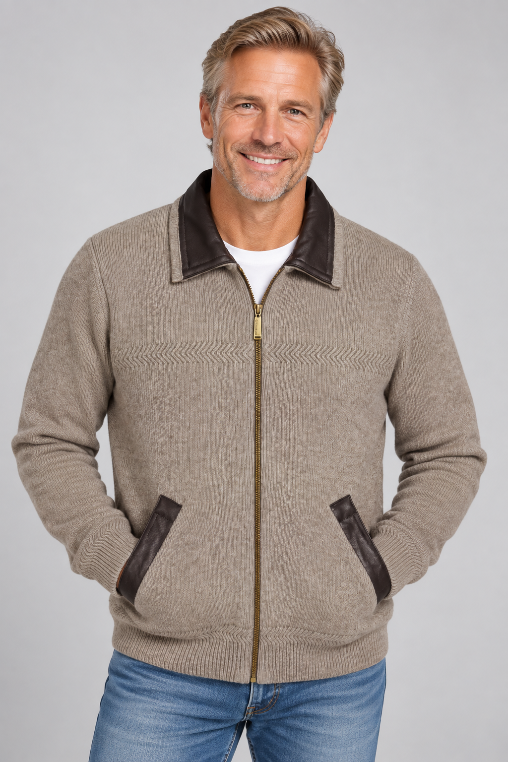 Mocha McDonald Possum Merino Zip Jacket With Leather Trim