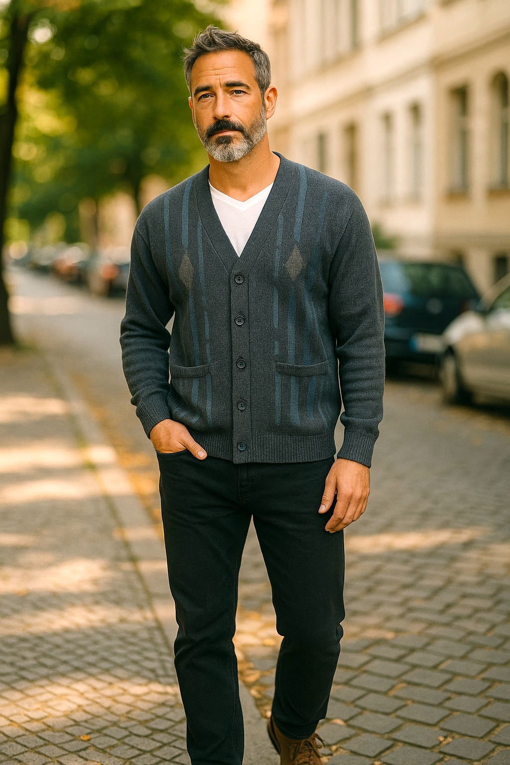 Midnight Blue Pattern V Neck Cardigan - Tradewinds By Ansett