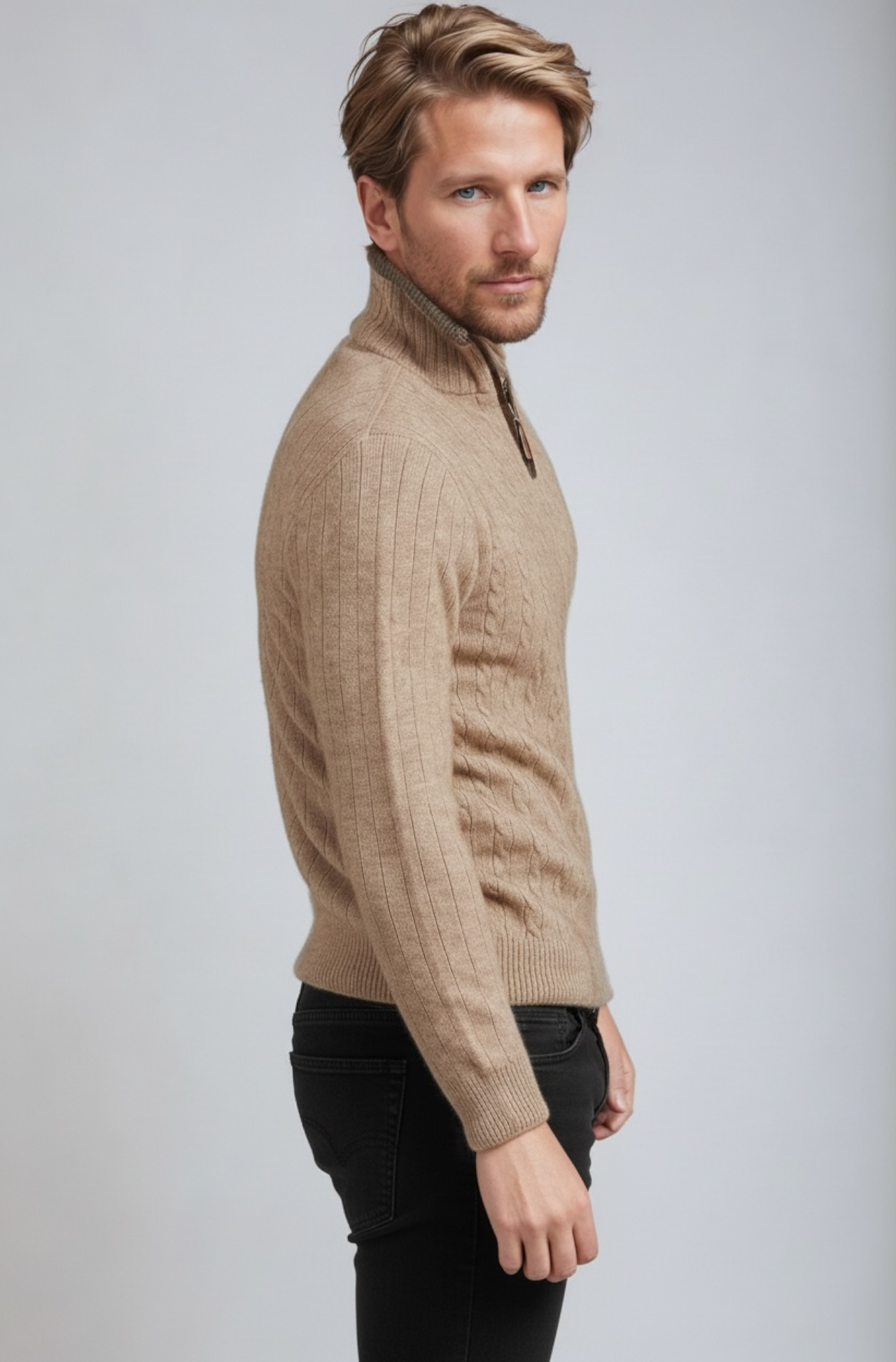 Mocha Possum Merino Half Zip Cable Jumper