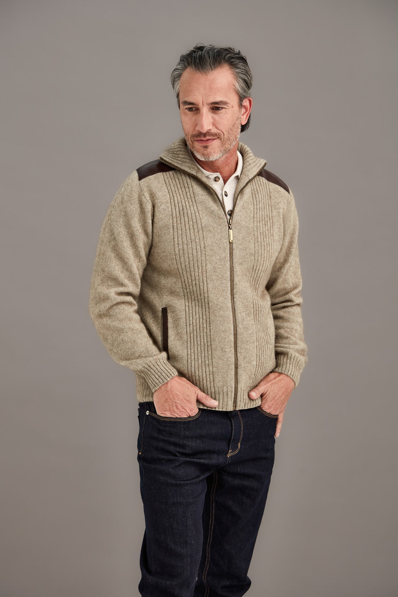 Mocha Possum Merino Front Rib Leather Trim Jacket