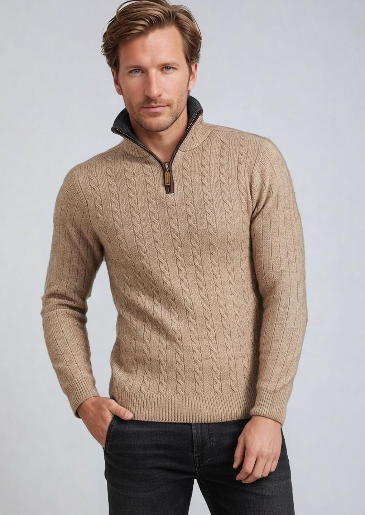 Mocha Possum Merino Half Zip Cable Jumper