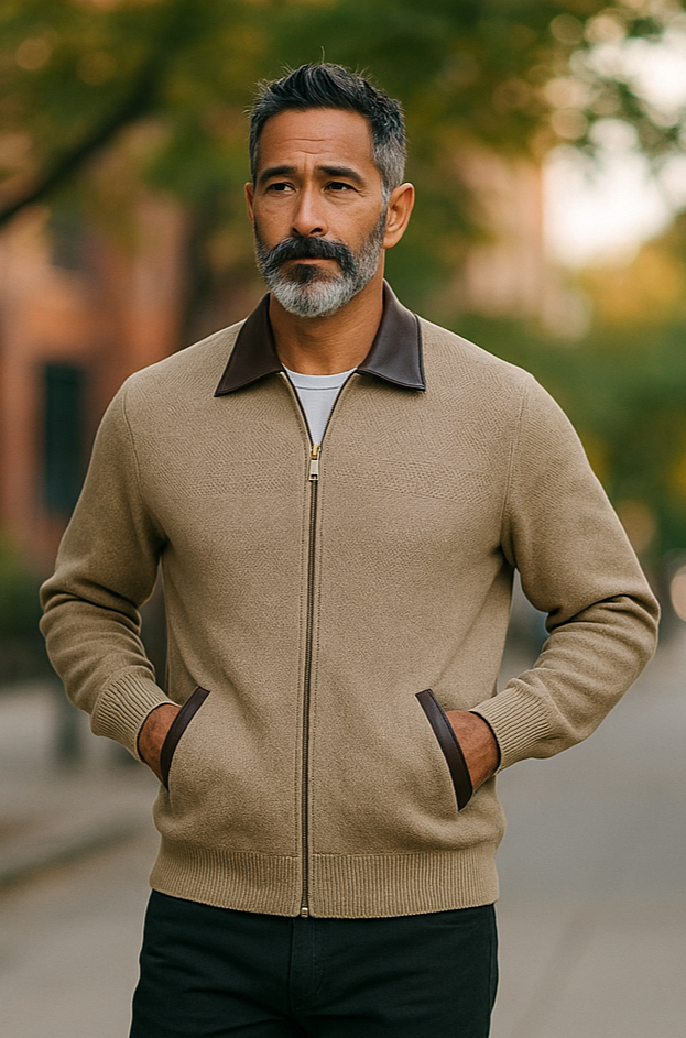 Mocha McDonald Possum Merino Zip Jacket With Leather Trim