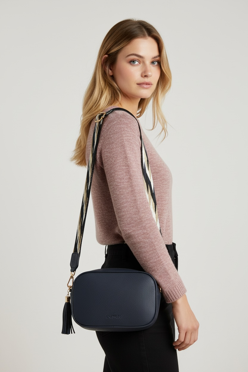 Navy Blue Vegan Leather Rectangle Crossbody Bag