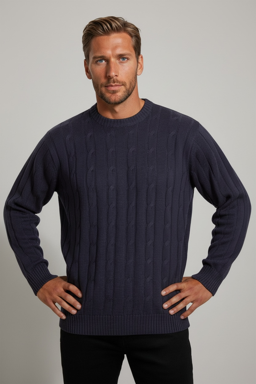 Ansett Navy Blue Cable Crew Neck Wool Jumper