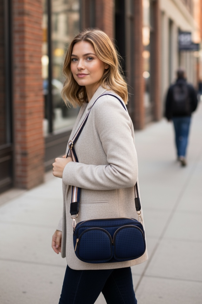 Navy and Gold Neoprene Crossbody Bag - Twin Pocket