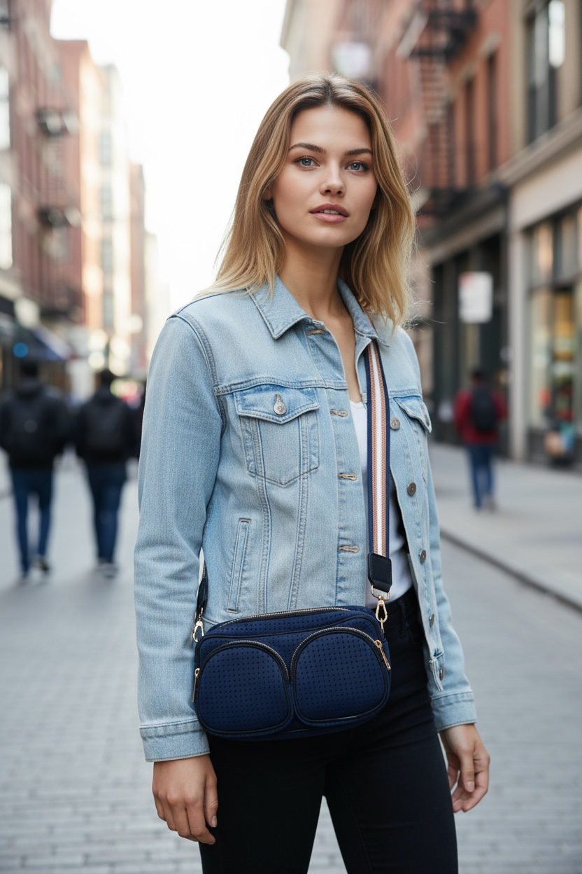 Navy and Gold Neoprene Crossbody Bag - Twin Pocket