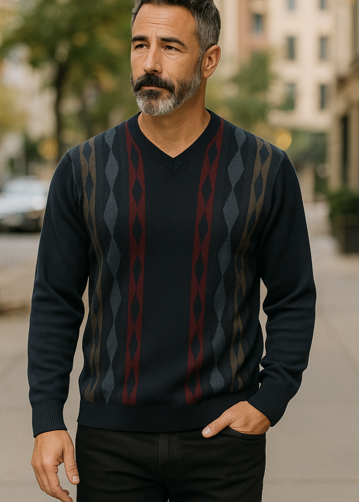 9363 Navy Blue Diamond V Neck Jumper - Tradewinds By Ansett