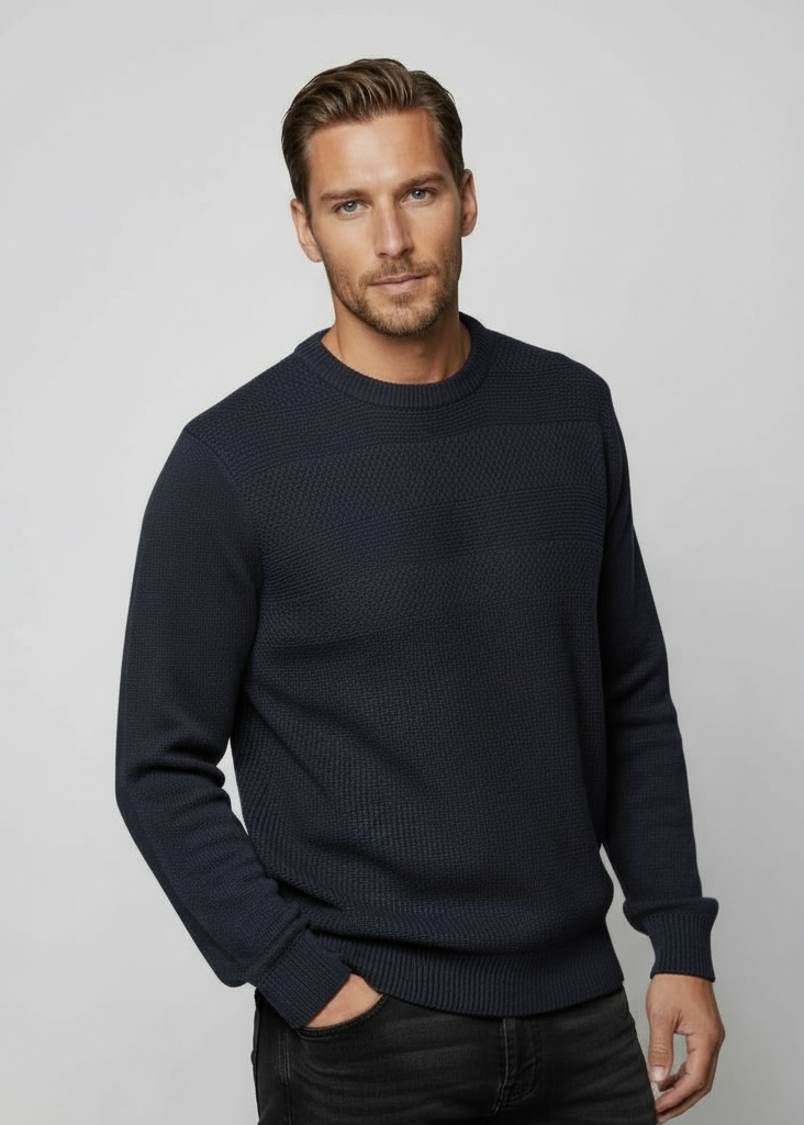 Pure Wool Ansett Patterned Crew Neck Jumper 8802 Navy Blue