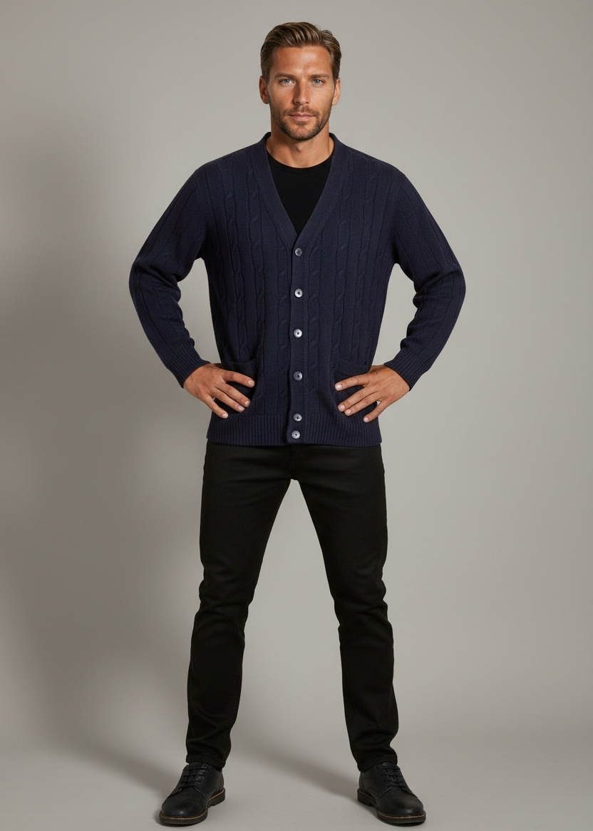 Ansett Navy Blue Cable Knit Wool Cardigan