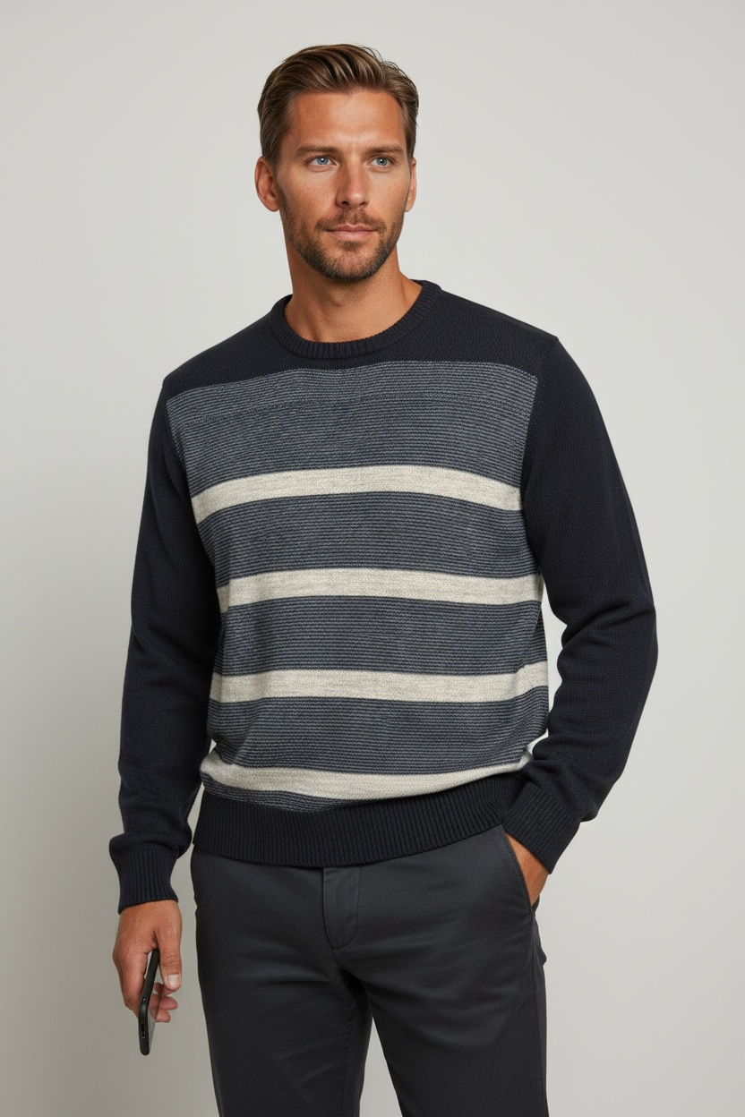 Pure Wool Ansett Patterned Crew Neck Jumper 8032 Navy Blue