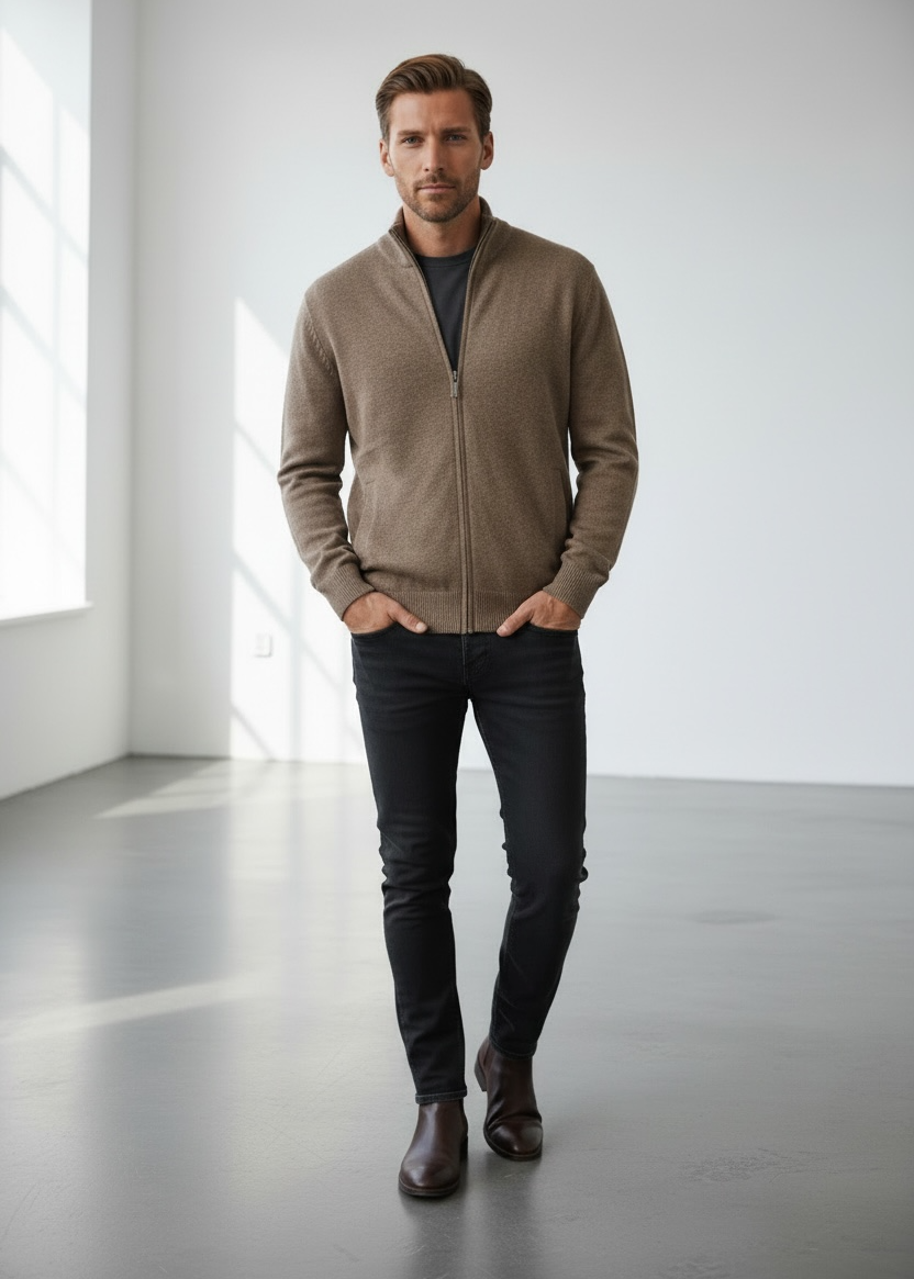 Ansett Full Zip Cashmere Merino Wool Jacket - Nutmeg Brown