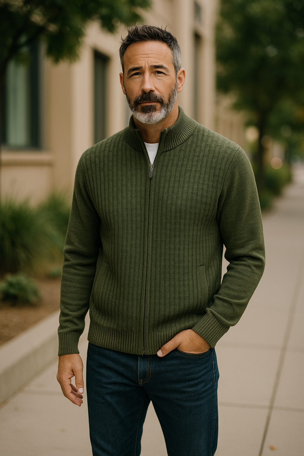 Fine Merino Wool Textured Zip Cardigan - Olive Green