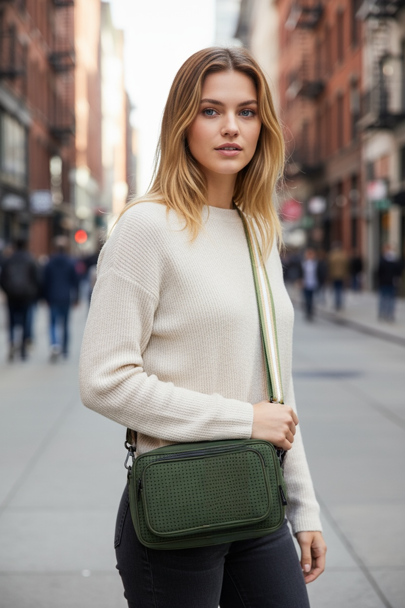 Neoprene Metro Rectangle Shoulder Bag With Front Pocket - Olive Green