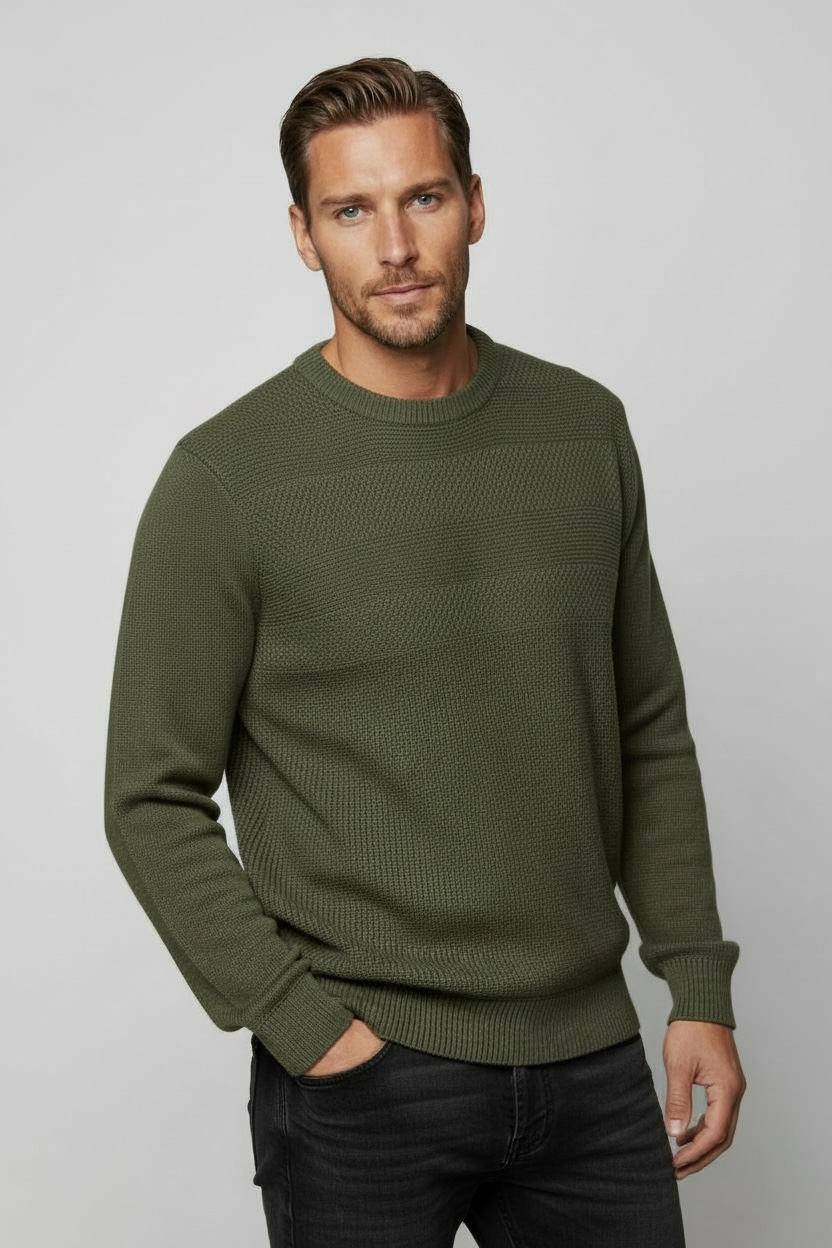 Pure Wool Ansett Patterned Crew Neck Jumper 8802 Olive