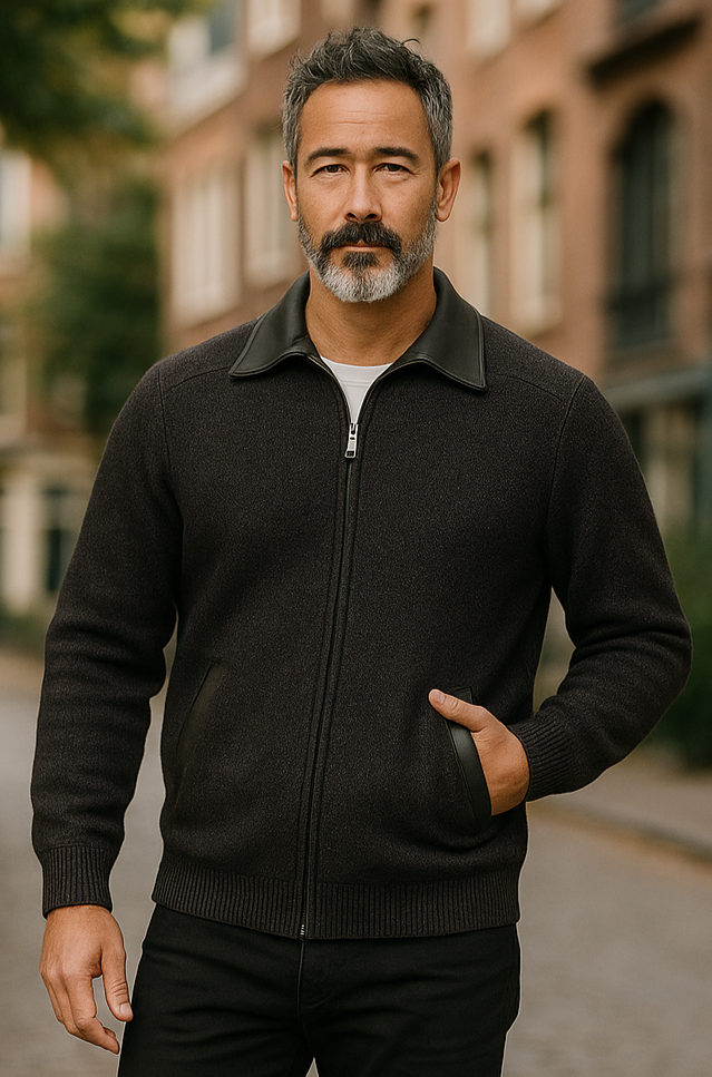 Charcoal McDonald Possum Merino Zip Jacket With Leather Trim