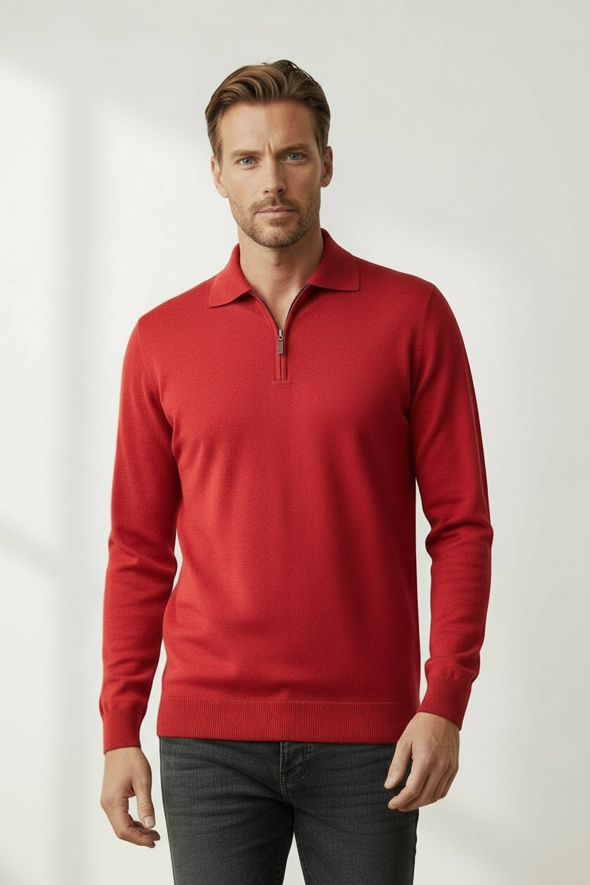 Ansett Red Half Zip Fine Merino Wool Jumper