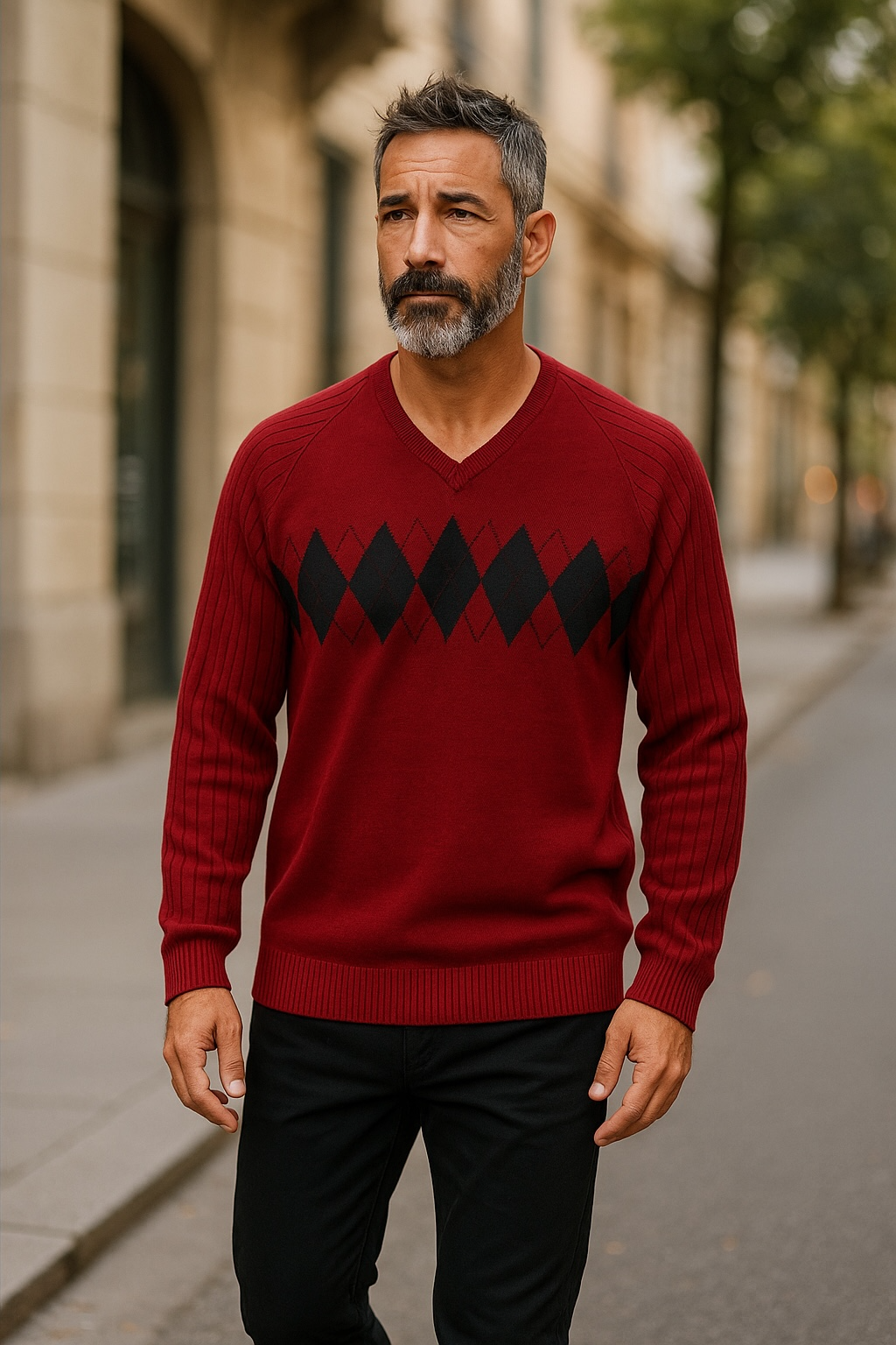9333 Red Argyle V Neck Jumper - Tradewinds By Ansett