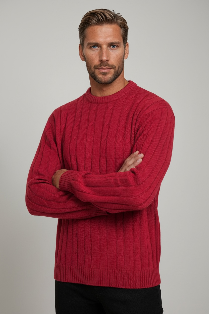 Ansett Wine Red Cable Crew Neck Wool Jumper
