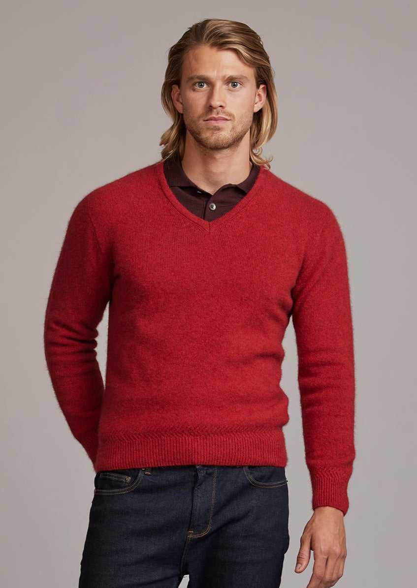 Red Plain Possum Merino V Neck Jumper