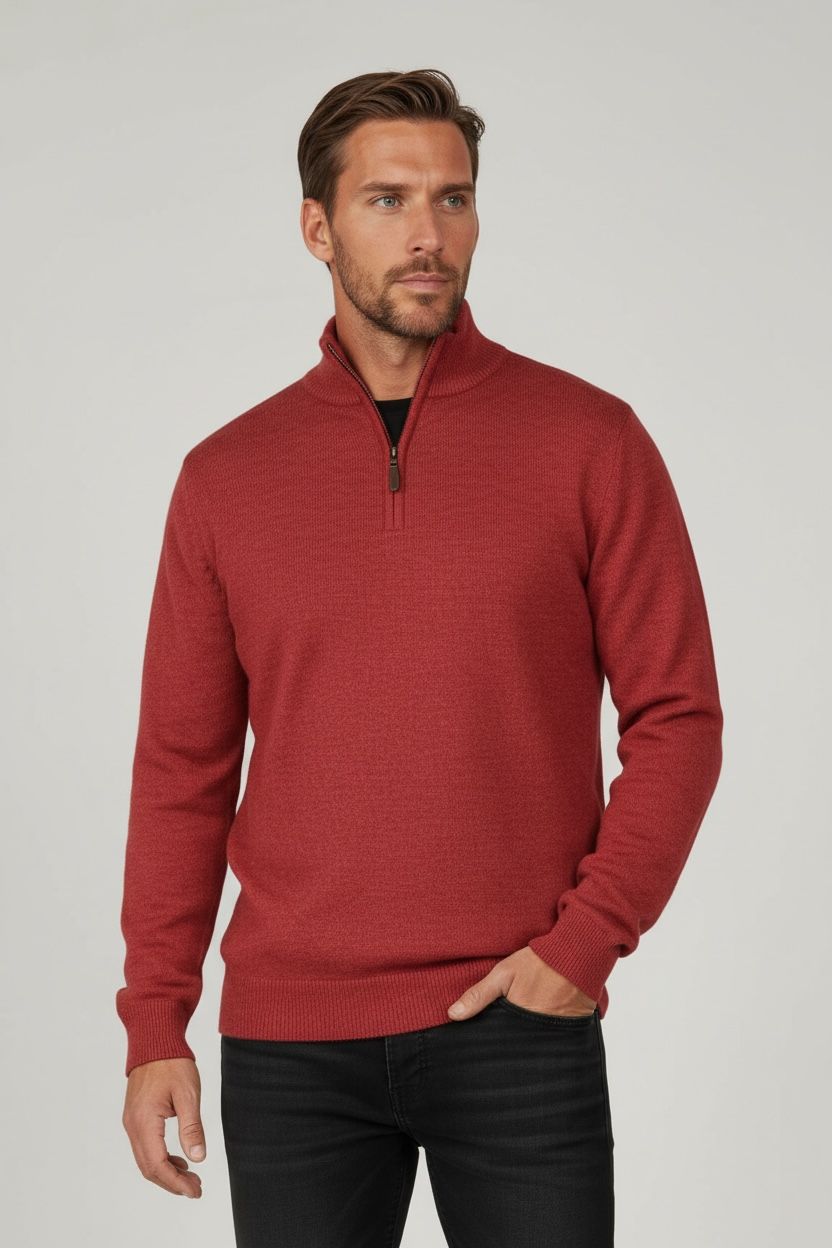 Ansett Rhubarb Red Half Zip Cashmere Merino Wool Jumper
