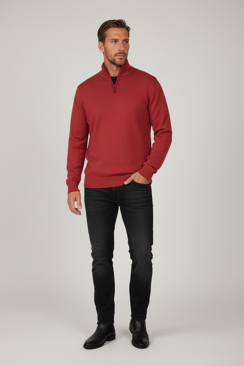 Ansett Rhubarb Red Half Zip Cashmere Merino Wool Jumper