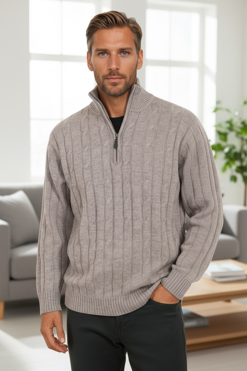 Ansett Sable Half Zip Cable Knit Wool Jumper