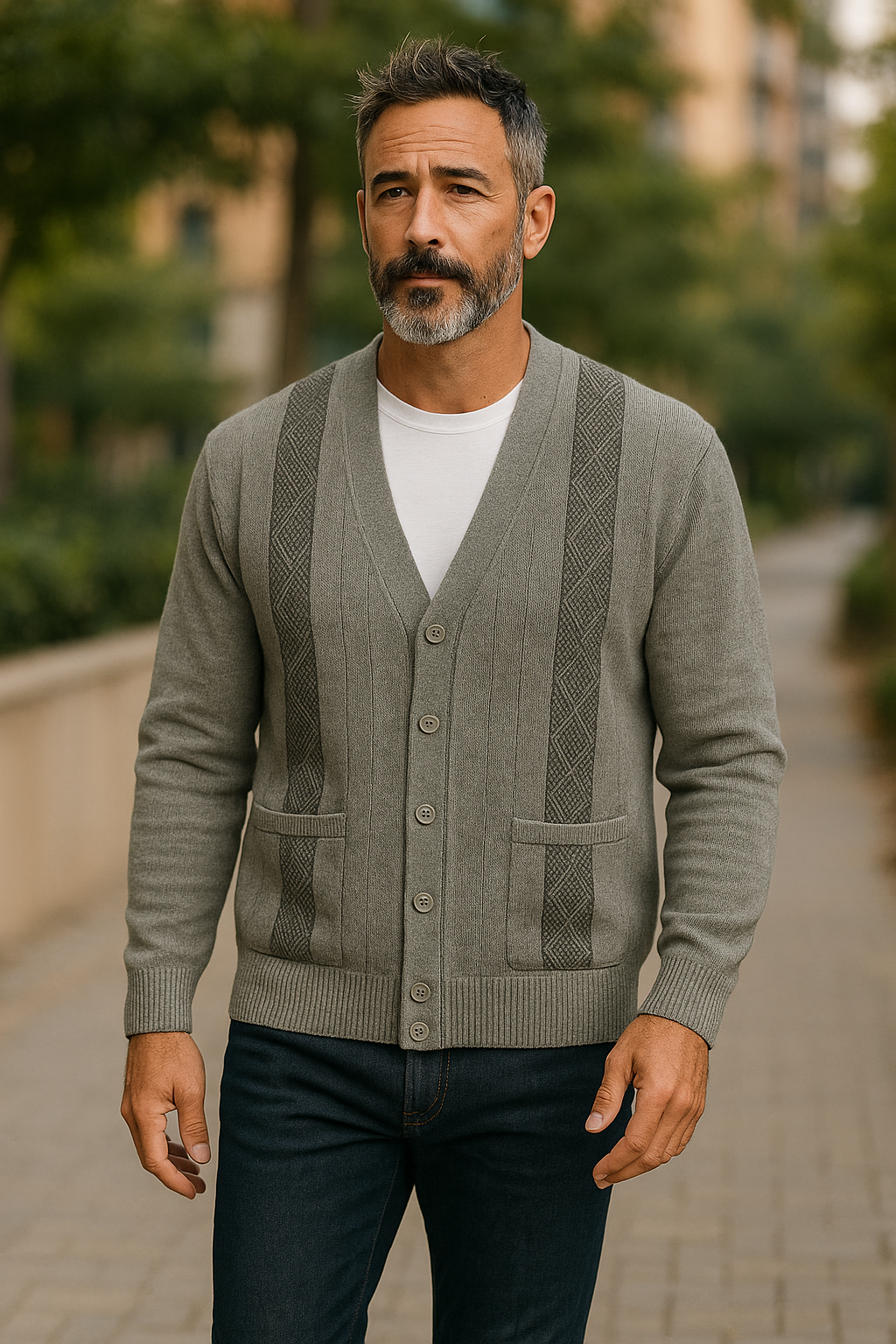 Grey Pattern V Neck Cardigan - Tradewinds By Ansett