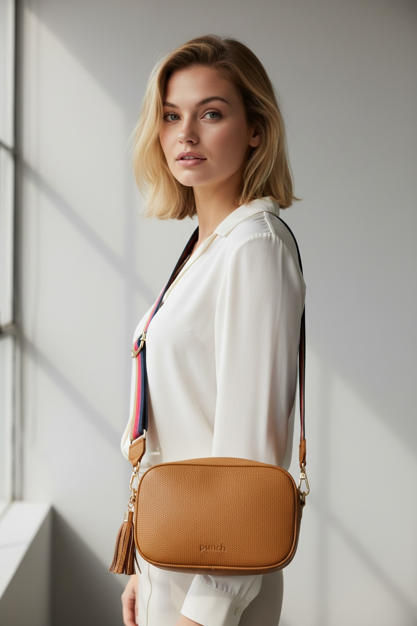 Camel Tan Vegan Leather Rectangle Crossbody Bag