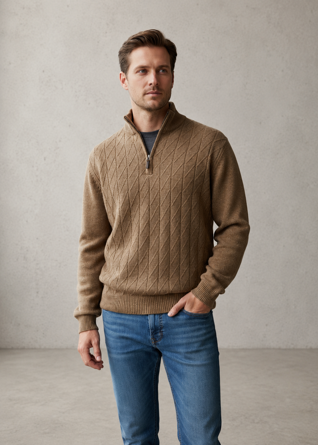Ansett Men's Pure Wool Half Zip Jumper - Almond