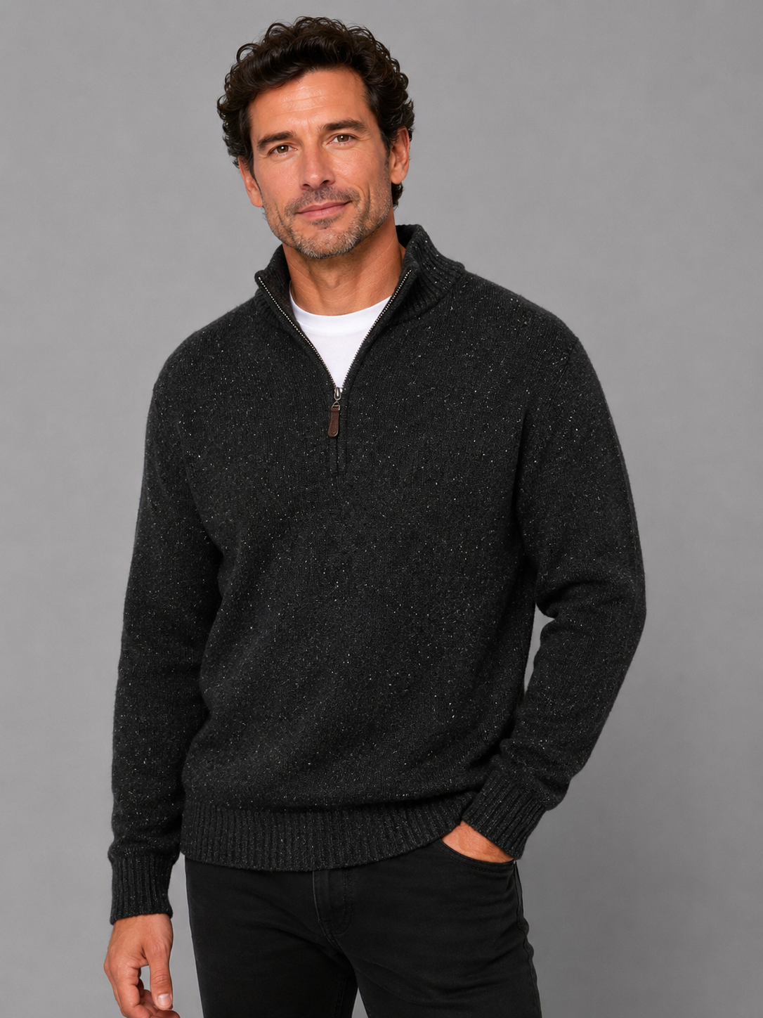 Pure Wool Half Zip Jumper Coal Black