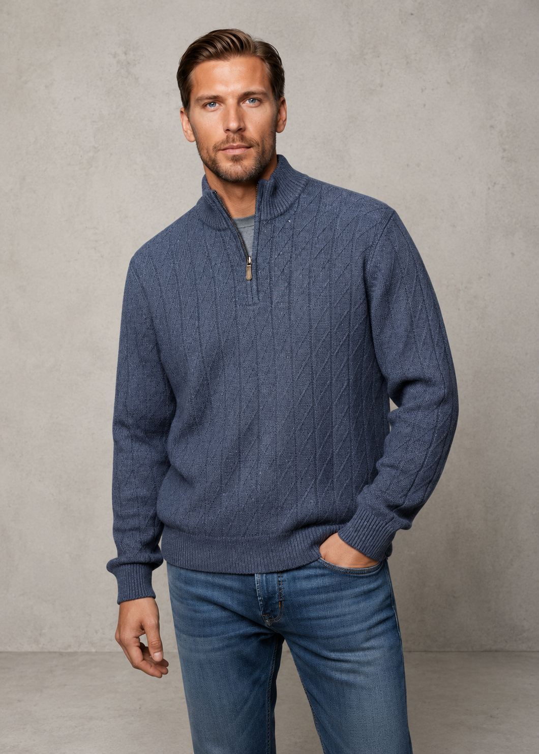 Ansett Men's Pure Wool Half Zip Jumper - Marine Blue