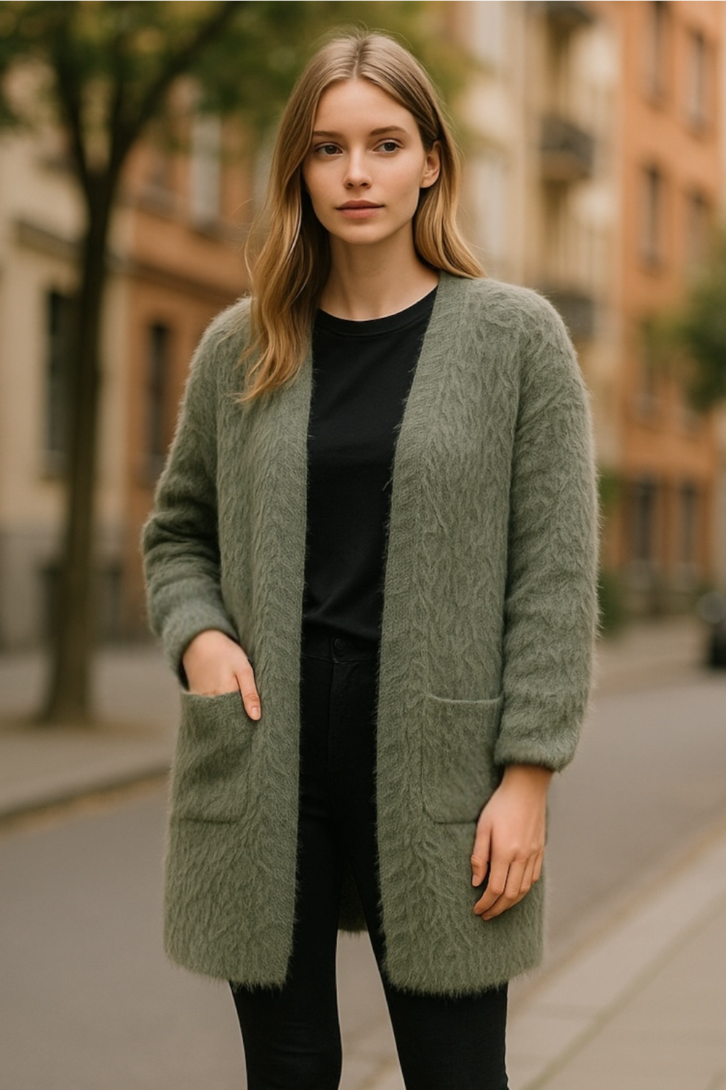 Khaki Green Fluffy Oversized Cardigan